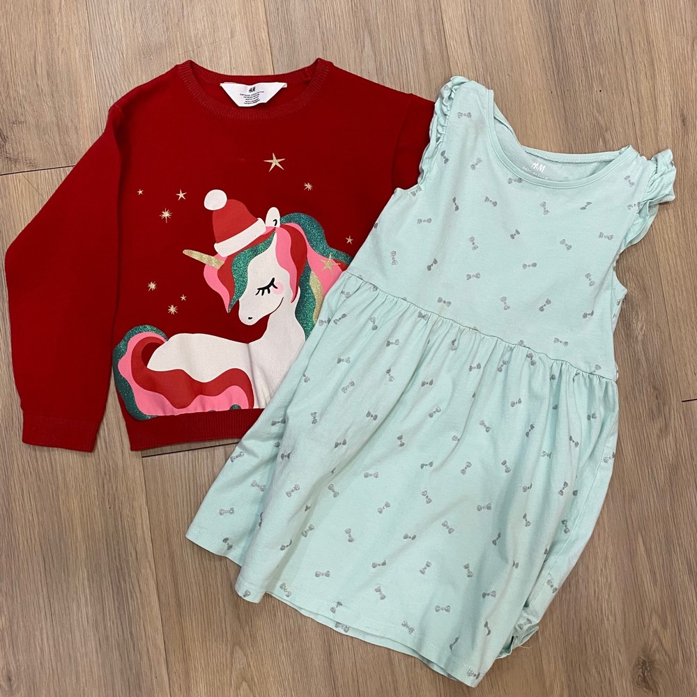 H&M Sweater & Dress Girls 4-6Y Red Mint Unicorn Bow Holiday Bundle 2pc